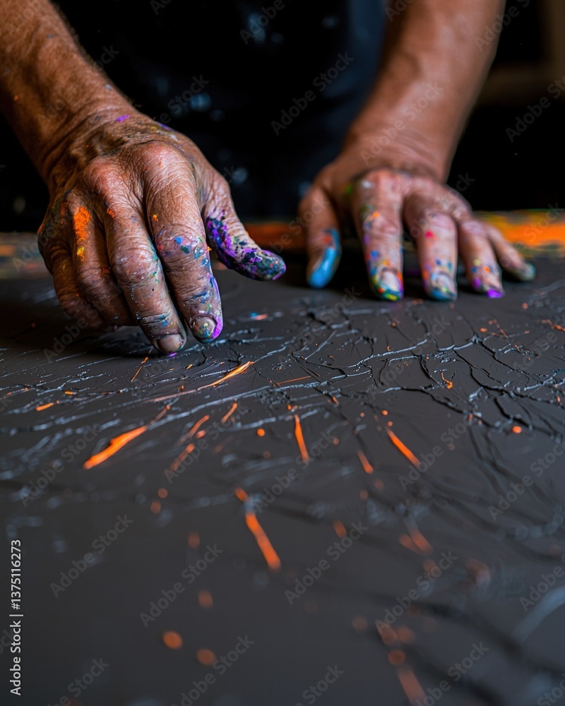 Poster hands covered in bright paints creating a colorful artistic expression in a creative environment