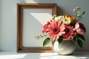 Sunlit floral arrangement in a simple vase beside an empty wooden frame