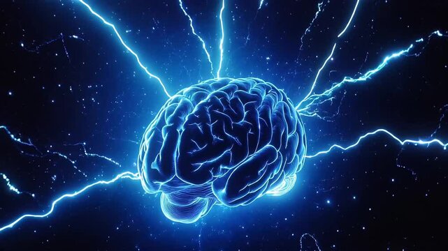Brain Power Illustration: Neural Network, Artificial Intelligence Concept with Electric Blue Lightning Visualizing Thought Process