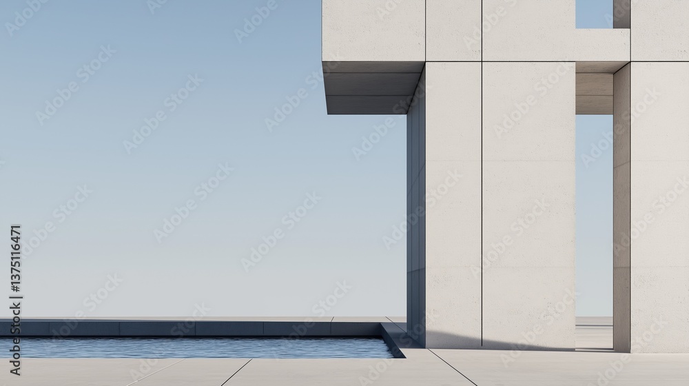 Poster modern architectural structure with a minimalist design. the structure is made up of white concrete 