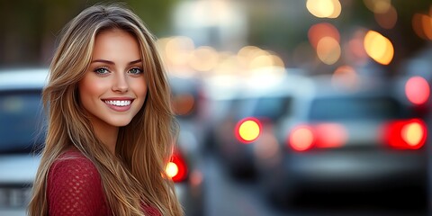 Smiling woman city street bokeh.