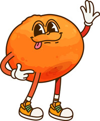 Cartoon groovy orange fruit character on celebration party. Isolated vector citrus mandarin personage waving hand with cheerful smile and big expressive eyes, exudes playful energy and festive fun