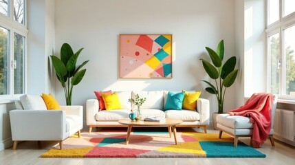 Brightly colored living room with white sofas, vibrant throw pillows, and tropical plants