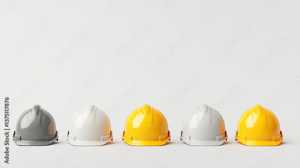 Aufkleber five different types of hard hats arranged in a row on a plain white background.