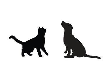 Silhouette of Curious beagle dog and cat Scottish Straight together vector icon set illustration on white background.
