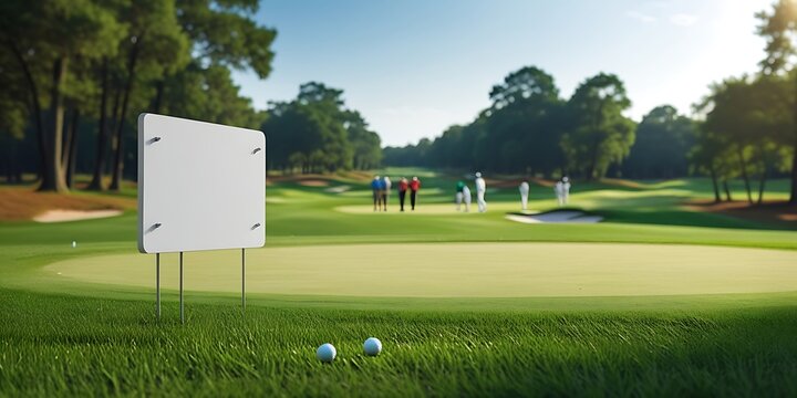 Beautiful golf course with manicured fairways, golf tee in the foreground, and players in the distance, capturing the essence of outdoor sports and relaxation

