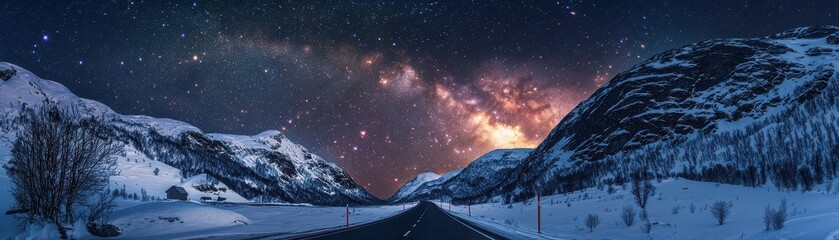 A breathtaking winter landscape featuring a snowy road surrounded by mountains under a starry night sky with a vibrant galaxy.