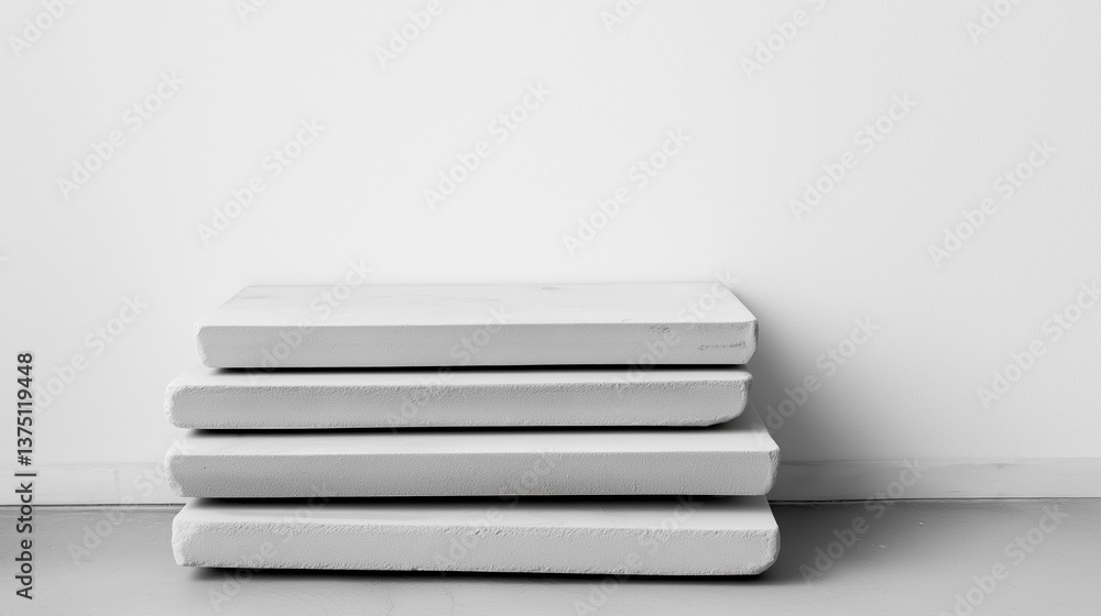 Poster stack of four white mattresses stacked on top of each other against a plain white wall. the mattress