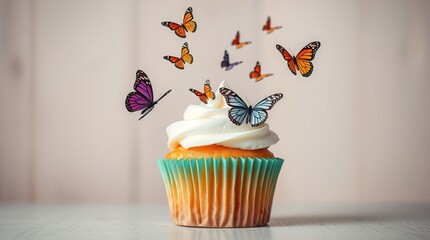 A cupcake topped with cream and butterflies flying above it, capturing a moment of sweet delight.
