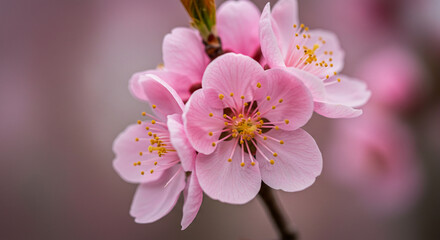 Close-Up of Pink Cherry Blossoms in Full Bloom with Delicate Petals and Yellow Stamens,flower, spring, blossom, tree, nature, pink, flowers, white, bloom