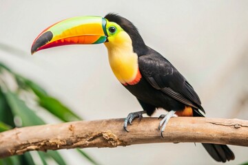 Fototapeta premium Vibrant toucan perched on a tree branch in a lush rainforest, showcasing its colorful beak and wild beauty