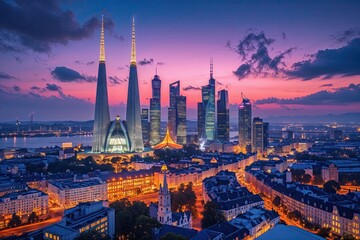 Fototapeta premium Stunning Urban Dusk Skyline Featuring Contemporary Spires and Colorful Architecture