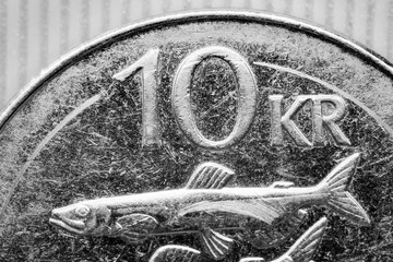 Fototapeta premium Close up view of 10 Kronur ,Iceland coin in monochrome.