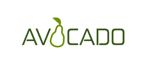 Avocado text icon for organic vegetable food market or vegetarian store, vector emblem. Creative modern design of avocado line silhouette with green text for vegan cuisine restaurant or smoothie bar