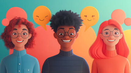 Fototapeta premium Four Diverse Teenagers Surrounded by Speech Bubbles with Smiling Faces