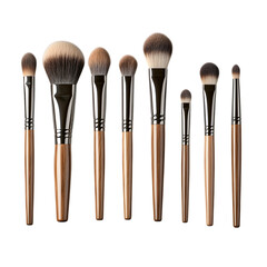 A set of makeup brushes with soft bristles, isolated on transparent background