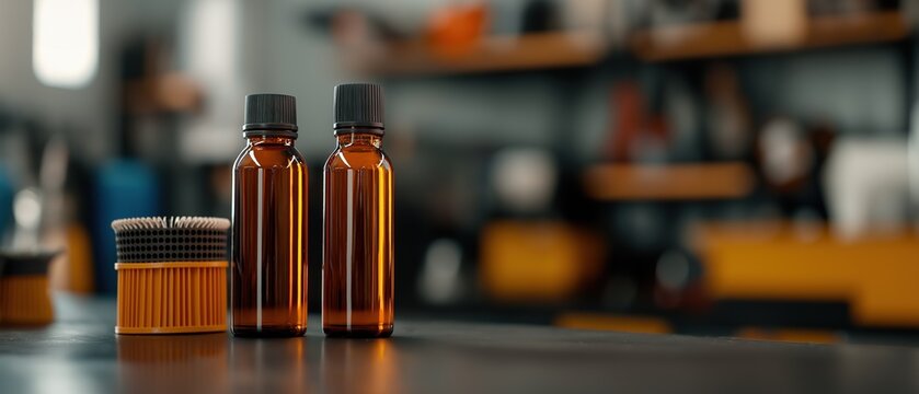 Two small amber glass bottles with black caps on a black surface. the bottles are placed side by side, with one on the left and the other on the right. - Powered by Adobe