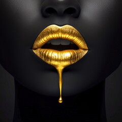 Close-up of luxurious golden lips with metallic gold drip on matte black skin in bold beauty and fashion surreal photography