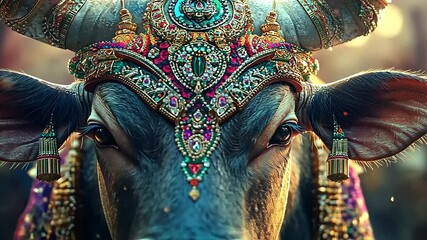Ornately adorned cow with intricate jewelry in festive celebration setting