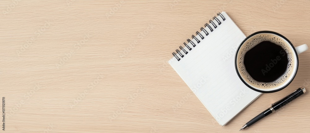 Poster flat lay of a wooden table with a notebook and a cup of coffee on it. the notebook is open and has a