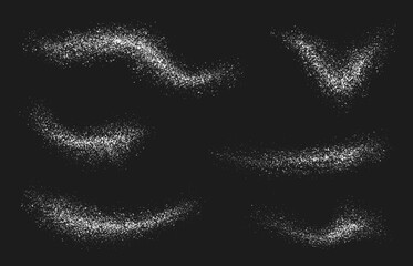 Powder flour texture of realistic splash waves and scatters, vector white sugar or salt. Flour powder or white dust particles splatter or ground chalk or crystal particles isolated on black background