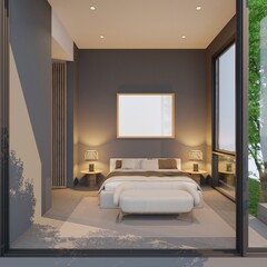 A simple grey bedroom with white furniture and a blank frame at the head of the bed, with shadows of trees entering the room.3d render