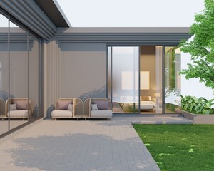 Exterior view of the house in gray tones, minimalist style, and a view of the bedroom with chairs for sitting and enjoying the view of the garden outside.3d render