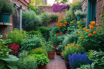 Fototapeta premium Lively Urban Herb Garden with Colorful Flowers in Bright Daylight