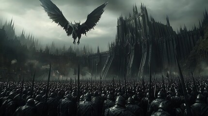A monstrous army of demons stands in formation outside a massive, gothic black castle, preparing for an impending war. The demonic soldiers, clad in spiked armor and wielding jagged weapons, 