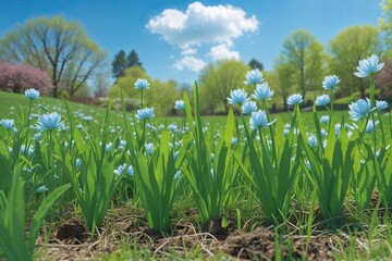 Fototapeta premium Vibrant Spring Garden Backdrop Featuring Lush Green Grass and Clear Blue Sky
