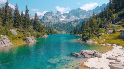 Serene Mountain Lake with Turquoise Water and Snowy Peaks