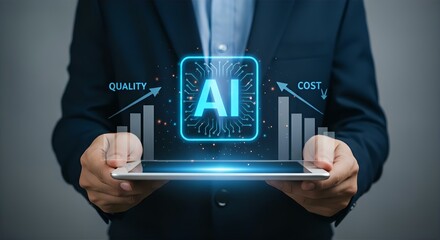 AI Business Solutions: Man Holding Tablet Displaying AI Icon with Quality & Cost Optimization Graphs. Artificial Intelligence in Business Concept