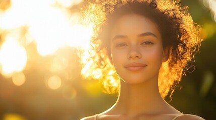 Fototapeta premium Golden Hour Portrait of Woman with Sun-Kissed Skin and Natural Beauty