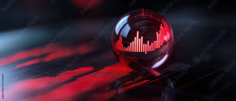 Aufkleber 3d rendering of a sphere with a red line graph on it. the sphere is placed on a black surface with a