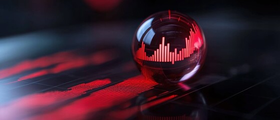 3d rendering of a sphere with a red line graph on it. the sphere is placed on a black surface with a blurred background.