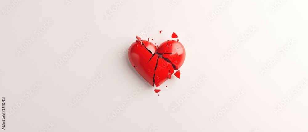Poster 3d rendering of a broken heart. the heart is red in color and appears to be in a state of disrepair.