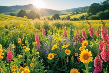 Fototapeta premium Lively Sunlit Landscape Showcasing Colorful Flowers and Lush Greenery in a Serene Pastoral Field
