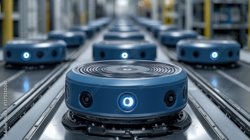 Poster autonomous mobile robots on conveyor belt in factory