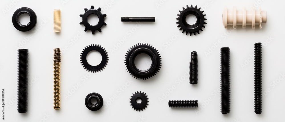 Poster collection of different types of screws and nuts arranged in a grid-like pattern on a white backgrou