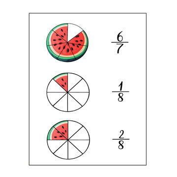 Vector illustrations of watermelon circles divided into equal parts representing various fractions for educational math learning. Fruit Themed Fraction Chart for Early Math Education