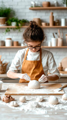 A young woman with glasses in an apron shapes dough on a wooden surface, surrounded by flour and kitchenware in a bright, cozy environment.