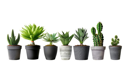 Obraz premium Botanical Garden: A diverse row of potted succulents and cacti presents a study in botanical form and texture, their varying greens and shapes providing a striking contrast