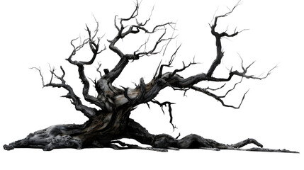 Gnarly Tree in Silhouette: A solitary, ancient tree with stark, bare branches stands in silhouette, its twisted form a testament to time and resilience against the elements.