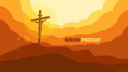 Good Friday to celebrate on April before Easter. A wooden cross stands silhouetted against a warm, layered background of hills and a cloudy sky. Religious event banner.