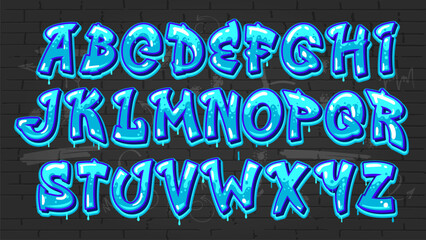 Blue ink graffiti font, hip hop grunge type, street art typeface english alphabet vector typography set on brick wall background. Spray paint graffiti font capital letters with drips and splatters © Vector Tradition