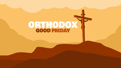 Orthodox Good Friday to celebrate on April before Easter. A wooden cross stands silhouetted against a warm, layered background of hills and a cloudy sky. Religious event banner.