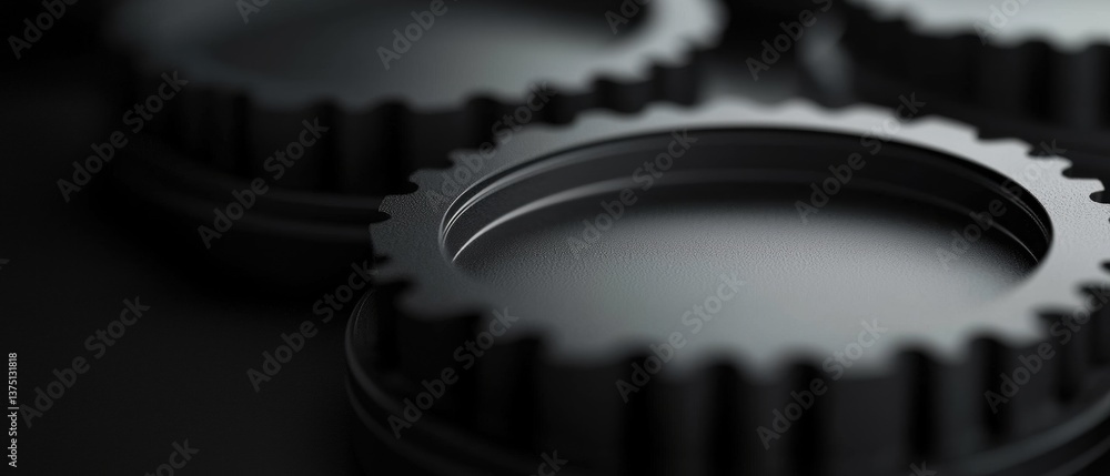 Poster close-up of three black gears. the gears are arranged in a triangular formation, with the largest ge