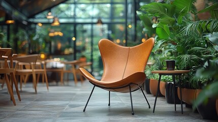 Fototapeta premium Relaxing in a Leather Chair at a Lush Indoor Garden Cafe