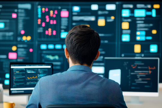 A person analyzes data on multiple screens filled with graphs and colorful metrics in a tech-driven workspace.