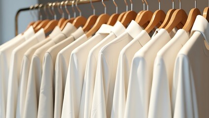 Obraz premium Elegant cream blouses hang on wooden hangers soft light illuminating their smooth texture in a
